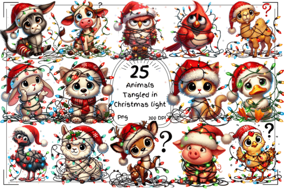 Whimsical Holiday Design: Animals Tangled in Christmas Lights